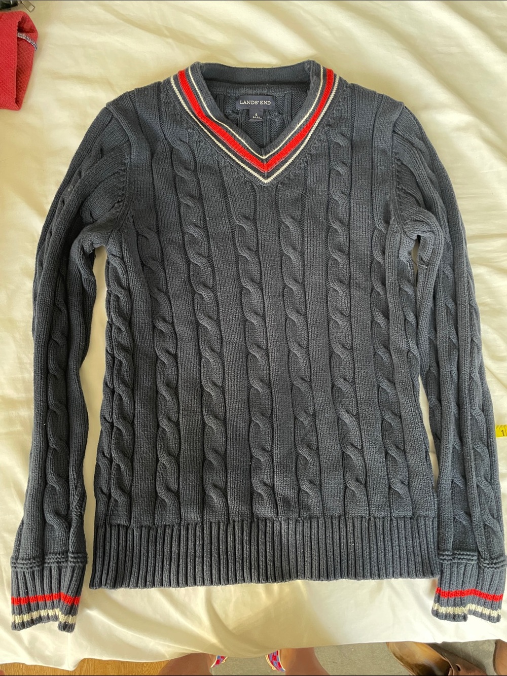 Lands' End Men's Charcoal Cable-Knit V-Neck Sweater with Red and White Trim